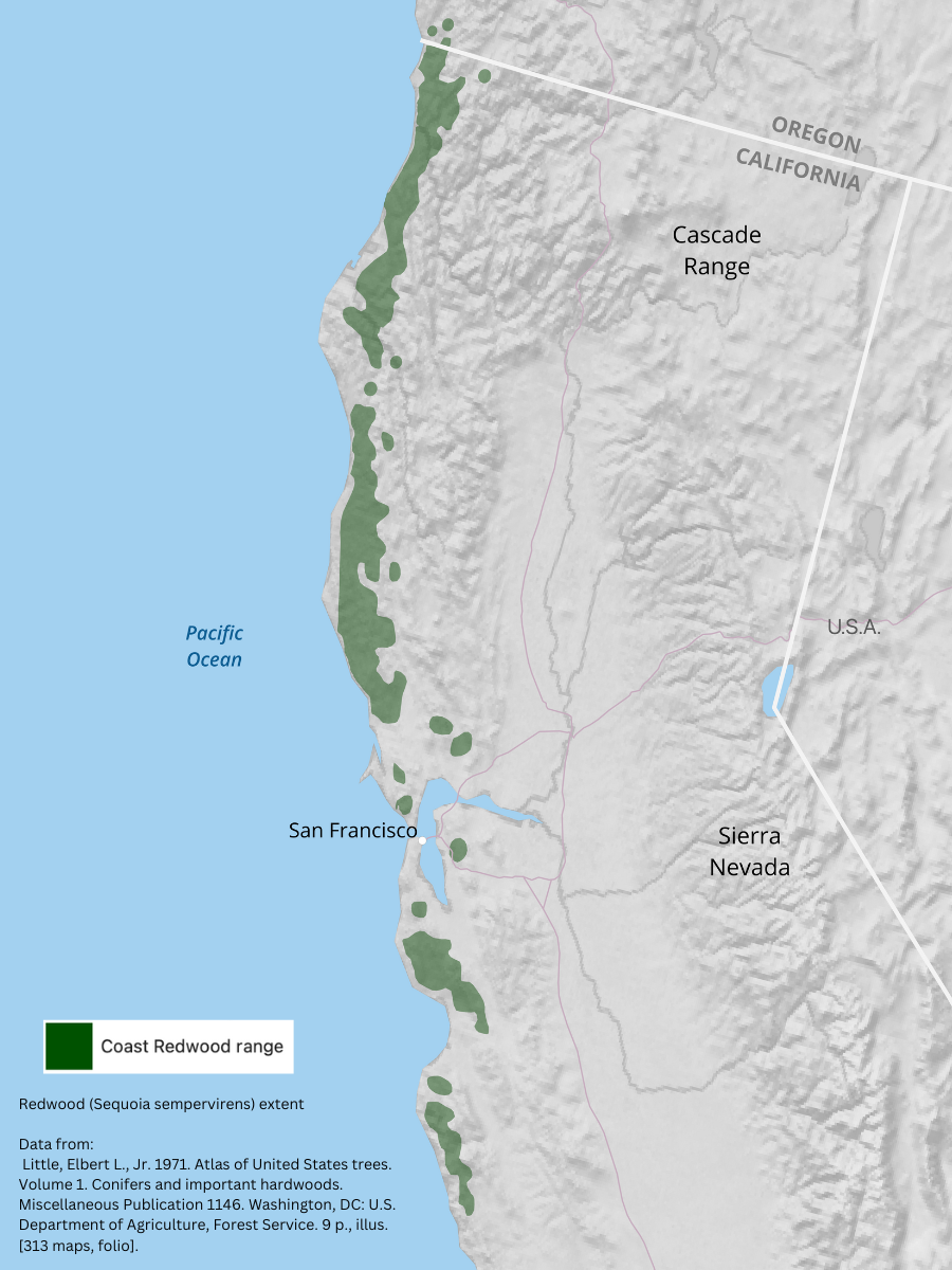 Shaded relief map of Northern California with a dark green overlay for the range of coastal redwood trees.